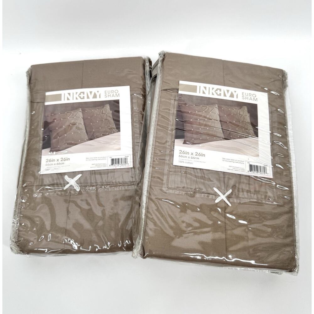 Ink + Ivy Euro Sham Set Of 2 26in x 26in 100% Cotton Brown X Stitch Bedding New